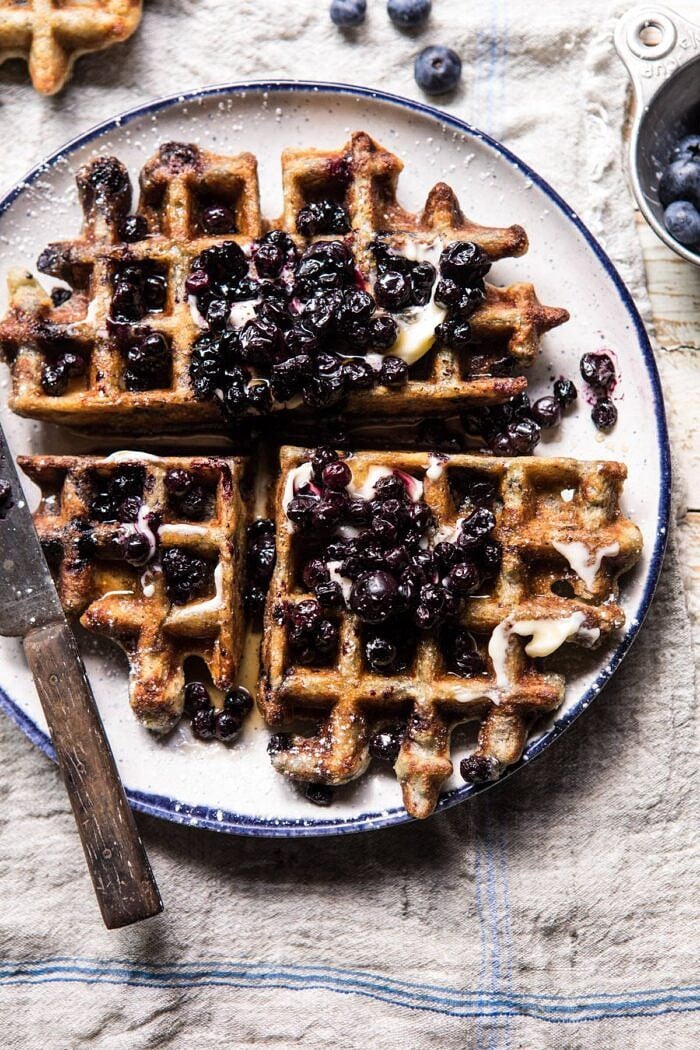 off center photo of Bursting Blueberry Cornmeal Waffles 