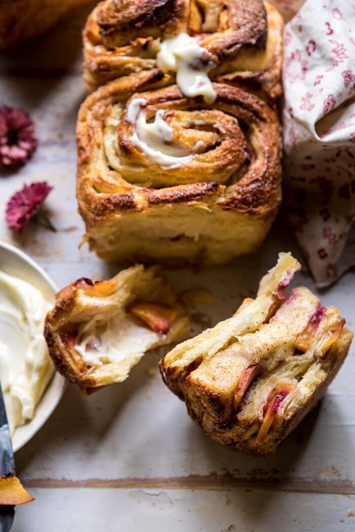 side angled photo of Flaky Pull Apart Cinnamon Peach Brioche Bread