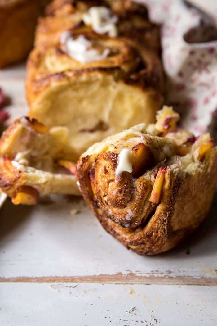front on photo of Flaky Pull Apart Cinnamon Peach Brioche Bread broken open