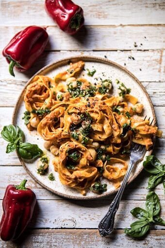 Roasted Red Pepper Pasta with White Beans and Basil | halfbakedharvest.com #pasta #easy #simple #vegan
