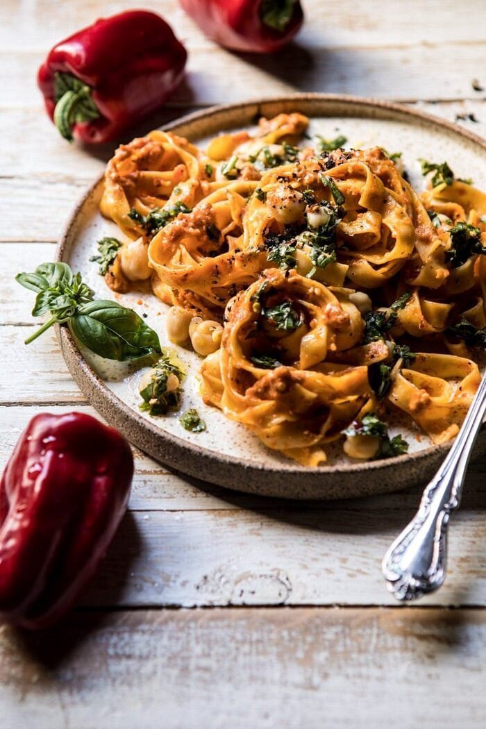 side angle photo of Roasted Red Pepper Pasta with White Beans and Basil 