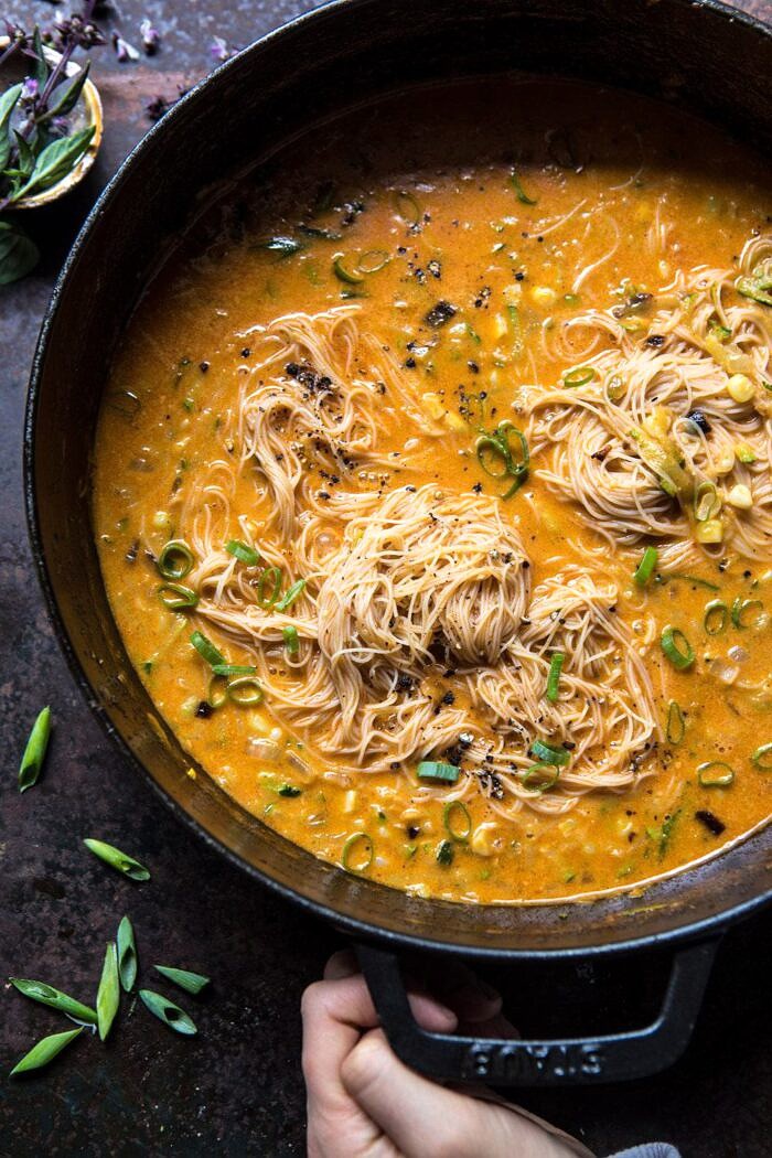 Saucy Coconut Summer Curry with Rice Noodles and Garden Vegetables in pot