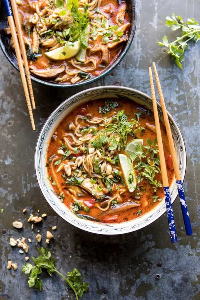 30 Minute Thai Peanut Chicken Ramen | halfbakedharvest.com #soup #instantpot #ramen #fallrecipes overhead photo of 30 Minute Thai Peanut Chicken Ramen