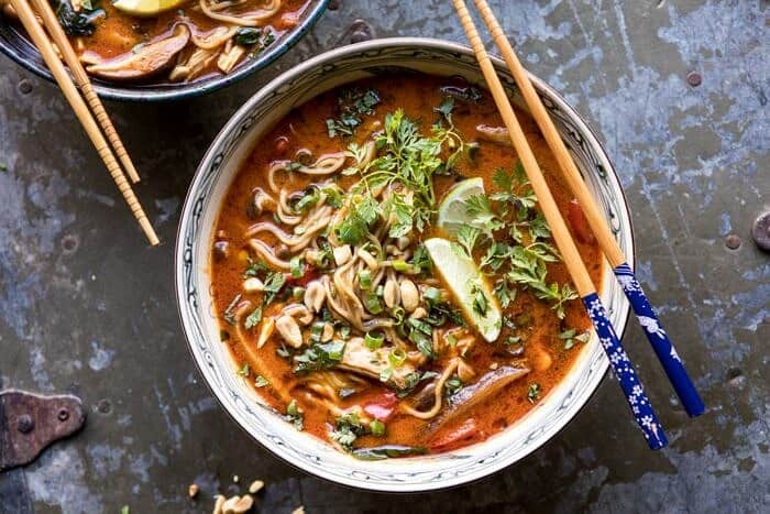 30 Minute Thai Peanut Chicken Ramen | halfbakedharvest.com #soup #instantpot #ramen #fallrecipes horizontal overhead photo of 30 Minute Thai Peanut Chicken Ramen