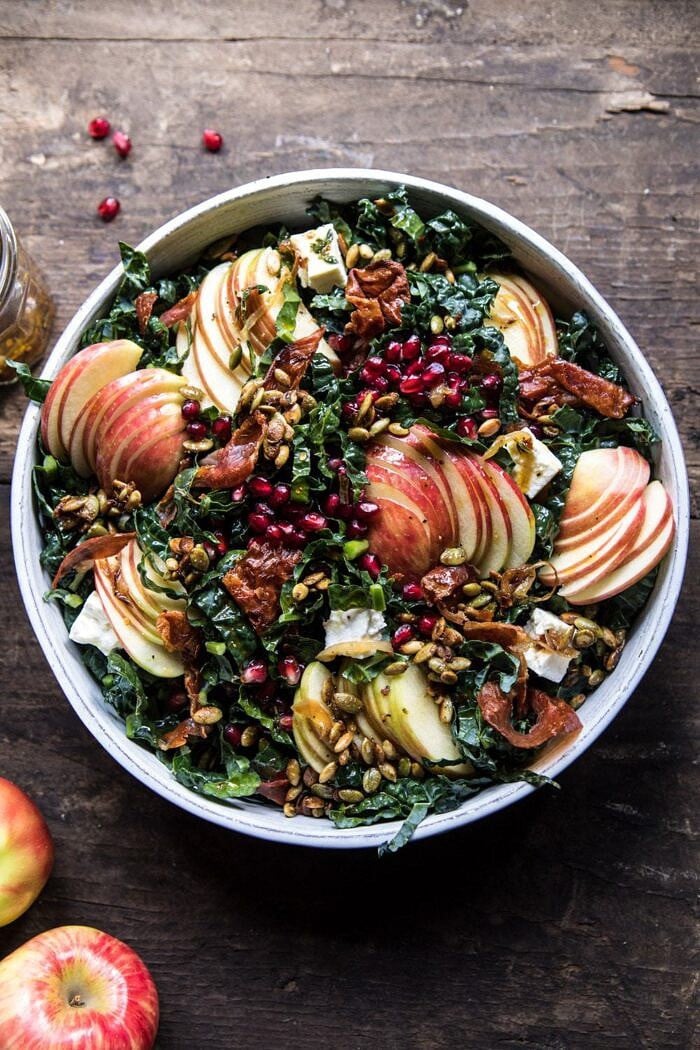 overhead photo of Fall Harvest Honeycrisp Apple and Kale Salad 