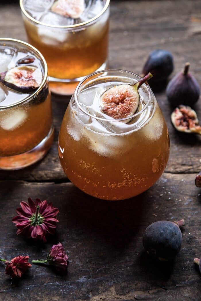 Fig Bourbon Cider Smash | halfbakedharvest.com #cocktial #drink #figs #bourbon #fallrecipes #autumn close up photo of Fig Bourbon Cider Smash