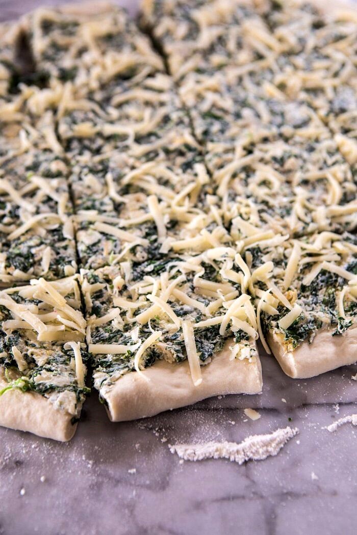 Herbed Spinach and Artichoke Pull Apart Pretzel Bread dough before being stacked 