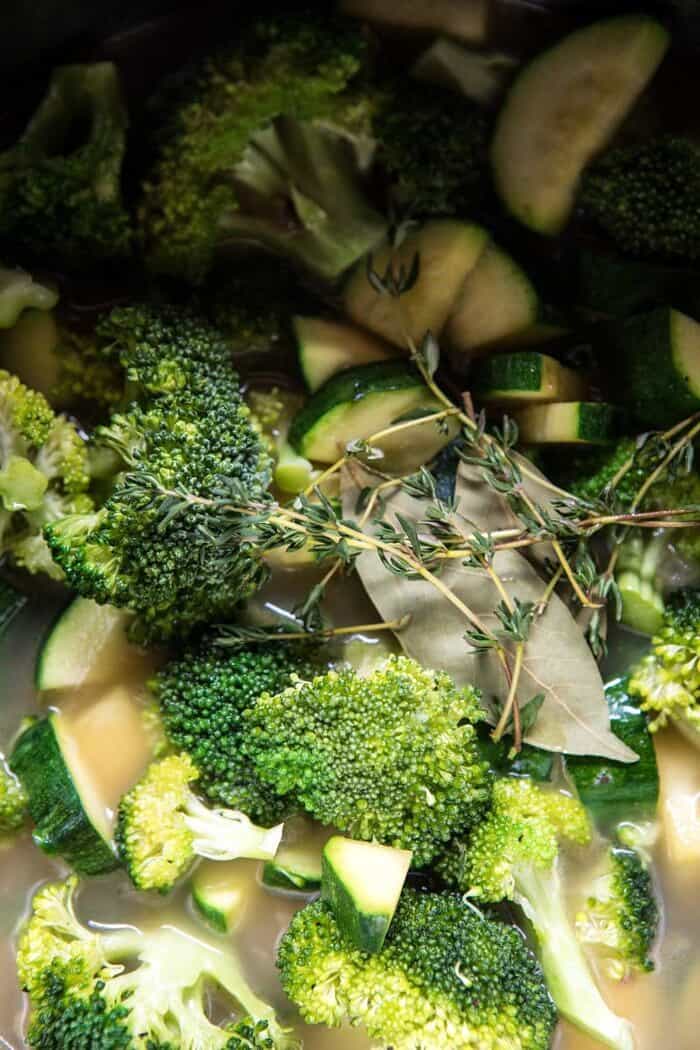 Instant Pot Broccoli Cheddar and Zucchini Soup | halfbakedharvest.com #instantpot #soup #broccoli #easy #healthy Instant Pot Broccoli Cheddar and Zucchini Soup in instant pot before cooking