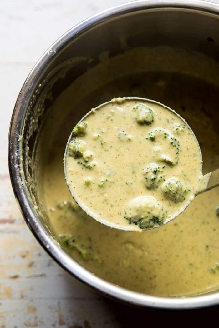 Instant Pot Broccoli Cheddar and Zucchini Soup | halfbakedharvest.com #instantpot #soup #broccoli #easy #healthy Instant Pot Broccoli Cheddar and Zucchini Soup in instant pot bowl