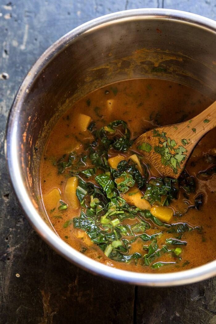 Slow Cooker Saucy Thai Butternut Squash Curry in slow cooker bowl after cooking