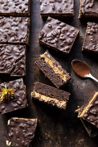 Triple Layer Peanut Butter Crunch Brownies | halfbakedharvest.com #brownies #peanutbutter #chocolate #fallrecipes