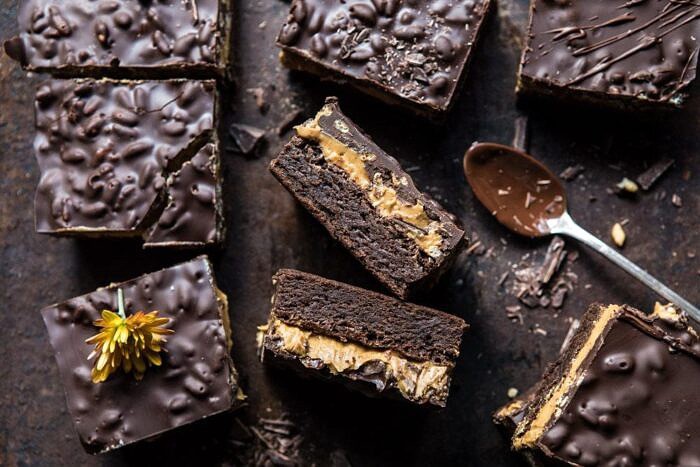 Triple Layer Peanut Butter Crunch Brownies | halfbakedharvest.com #brownies #peanutbutter #chocolate #fallrecipes horizontal photo of Triple Layer Peanut Butter Crunch Brownies
