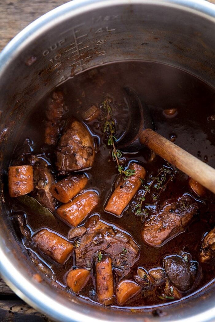 Healthier Instant Pot Coq au Vin | halfbakedharvest.com #instantpot #slowcooker #quick #easy #healthy #fallrecipes #sundaydinner overhead photo of Healthier Instant Pot Coq au Vin in instant pot bowl