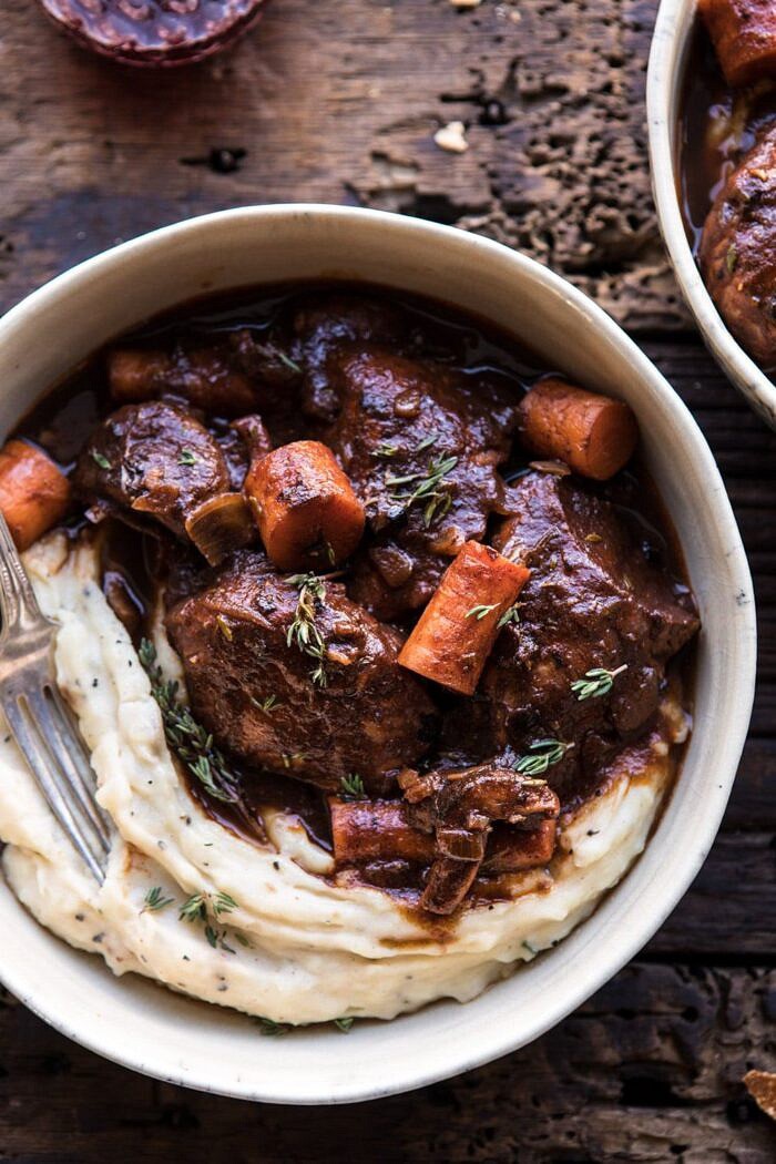 Healthier Instant Pot Coq au Vin | halfbakedharvest.com #instantpot #slowcooker #quick #easy #healthy #fallrecipes #sundaydinner overhead close up photo of Healthier Instant Pot Coq au Vin