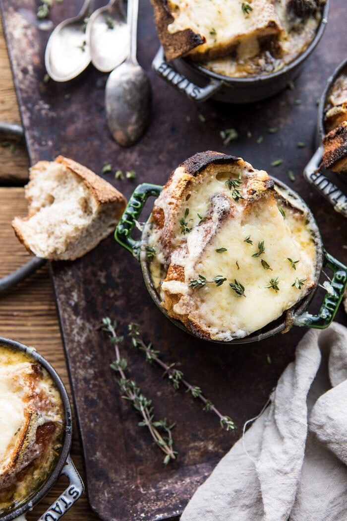 Herby French Shallot Soup | halfbakedharvest.com #french #soup #fallrecipes #cozyrecipes #familyrecipes overhead close up photo of Herby French Shallot Soup