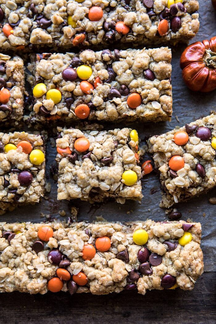 Monster Oatmeal Chocolate Chip Cookie Bars | halfbakedharvest.com #cookies #fall #autumn #halloween #thanksgiving #chocolate #easyrecipes overhead close up photo of Monster Oatmeal Chocolate Chip Cookie Bars