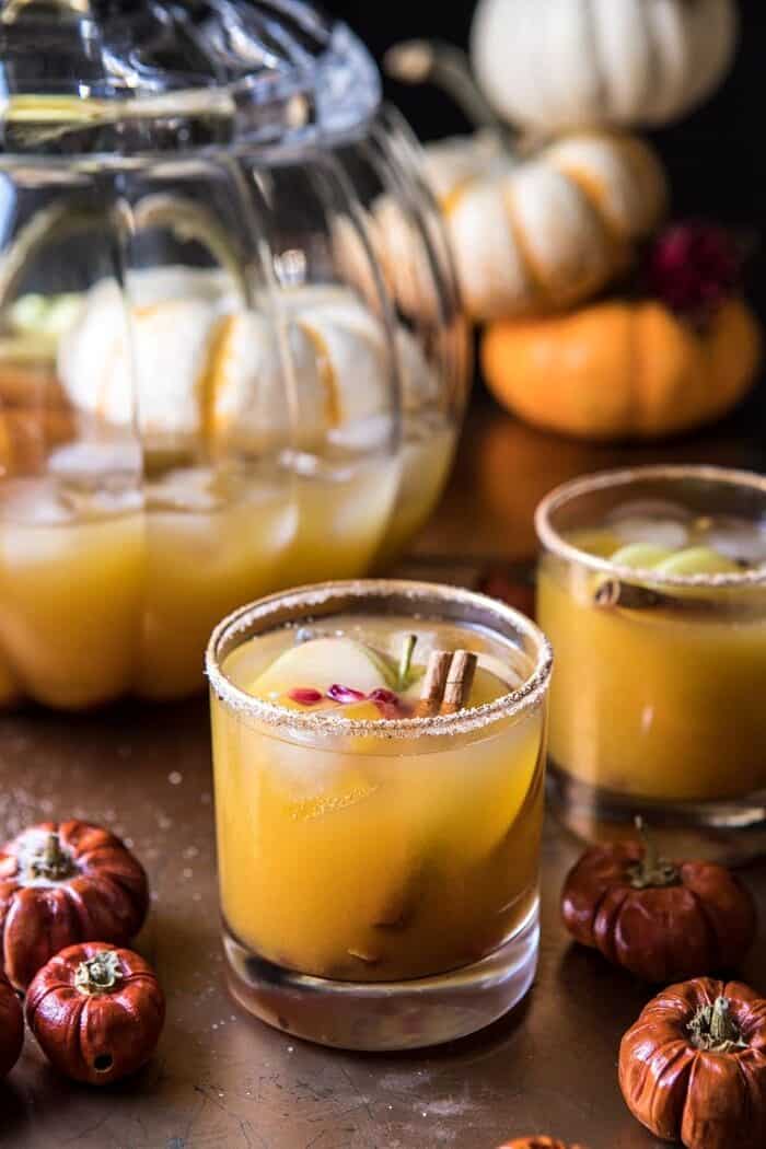 Pumpkin Patch Punch | halfbakedharvest.com #pumpkin #cocktails #punch #tahnksgiving #halloween close up 3/4 angle photo of Pumpkin Patch Punch
