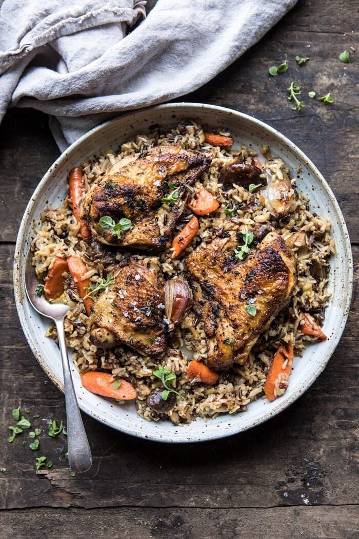 Slow Cooker Herbed Chicken and Rice Pilaf | halfbakedharvest.com #slowcooker #easyrecipes #chicken #wildrice #healthy #fallrecipes overhead photo of Slow Cooker Herbed Chicken and Rice Pilaf on serving plate