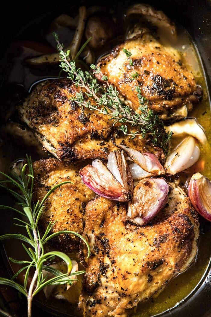 Slow Cooker Herbed Chicken and Rice Pilaf | halfbakedharvest.com #slowcooker #easyrecipes #chicken #wildrice #healthy #fallrecipes overhead photo of Slow Cooker Herbed Chicken and Rice Pilaf in slow cooker before cooking