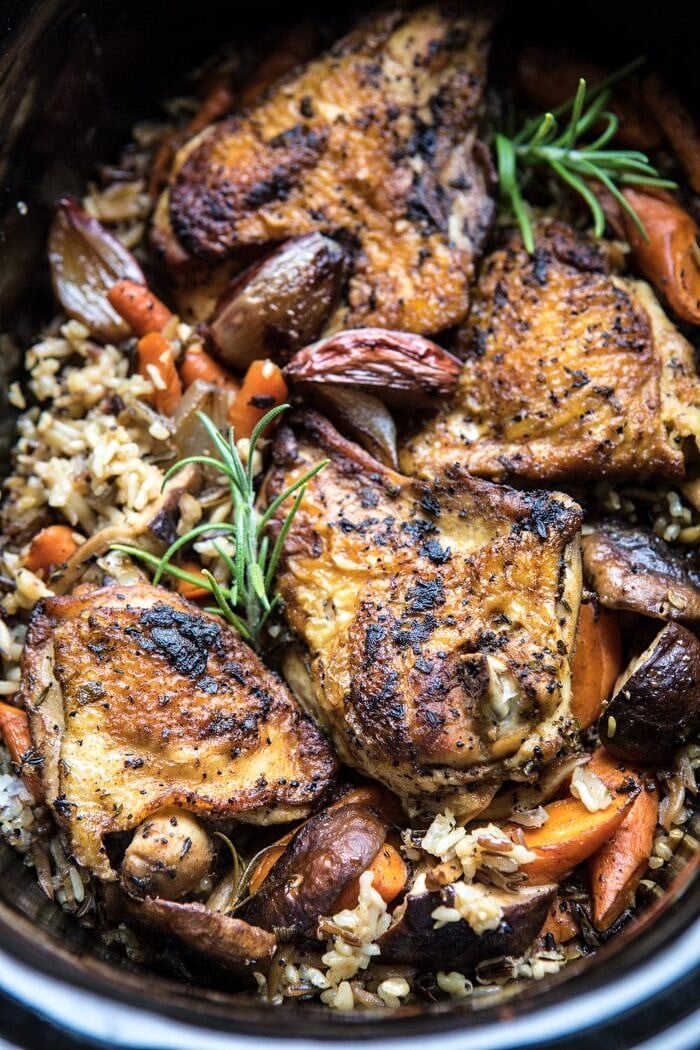 Slow Cooker Herbed Chicken and Rice Pilaf | halfbakedharvest.com #slowcooker #easyrecipes #chicken #wildrice #healthy #fallrecipes Slow Cooker Herbed Chicken and Rice Pilaf in slow cooker after cooking