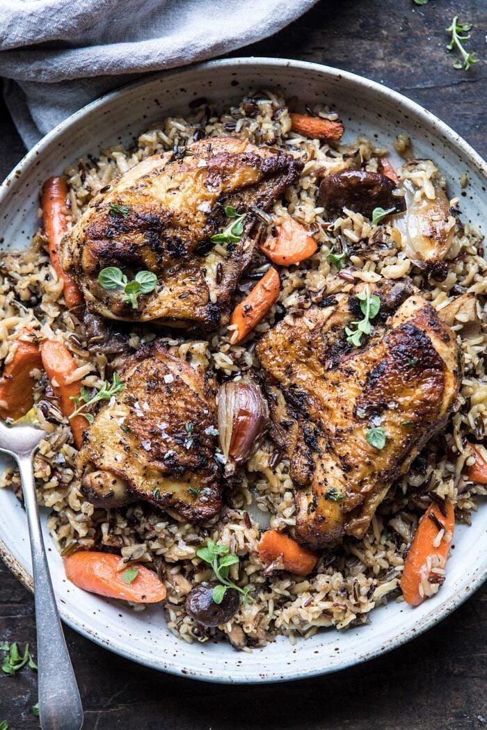 Slow Cooker Herbed Chicken and Rice Pilaf | halfbakedharvest.com #slowcooker #easyrecipes #chicken #wildrice #healthy #fallrecipes close up photo of Slow Cooker Herbed Chicken and Rice Pilaf
