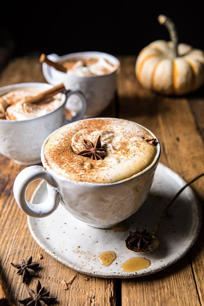front on photo of Spiced Pumpkin Maple Latte with 3 mugs in photo 