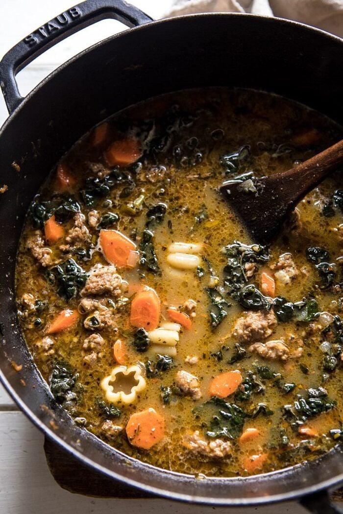 Spicy Italian Pesto Noodle Soup | halfbakedharvest.com #soup #easyrecipes #Italian #fall #autumn #winter #healthy overhead photo of Spicy Italian Pesto Noodle Soup in soup pot
