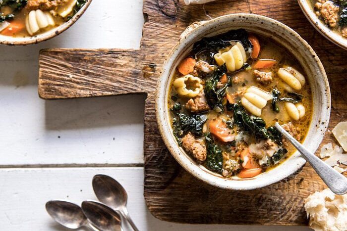 Spicy Italian Pesto Noodle Soup | halfbakedharvest.com #soup #easyrecipes #Italian #fall #autumn #winter #healthy horizontal photo of Spicy Italian Pesto Noodle Soup