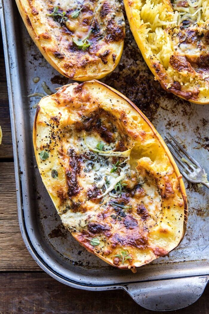 Stuffed Spaghetti Squash 4 Cheese Pesto Lasagna | halfbakedharvest.com #spaghettisquash #italian #easyrecipes #healthy #autumn #fallrecipes