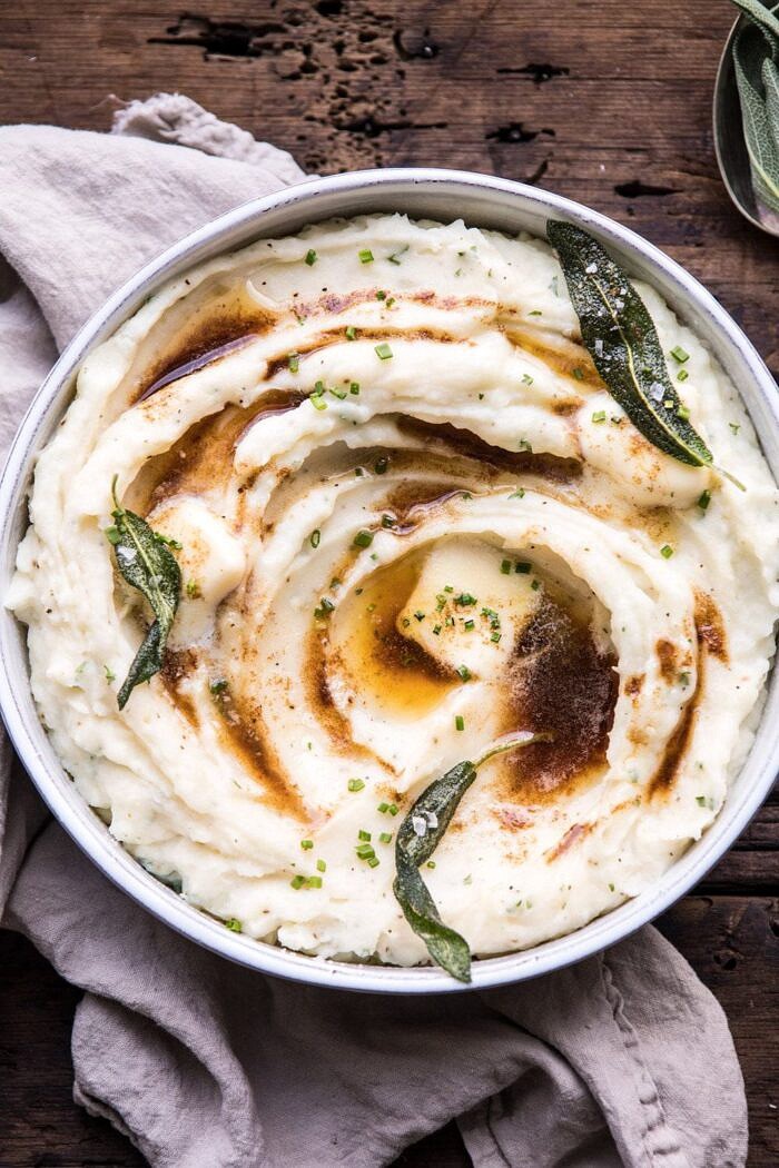 overhead close up photo of Buttery Herbed Mashed Potatoes