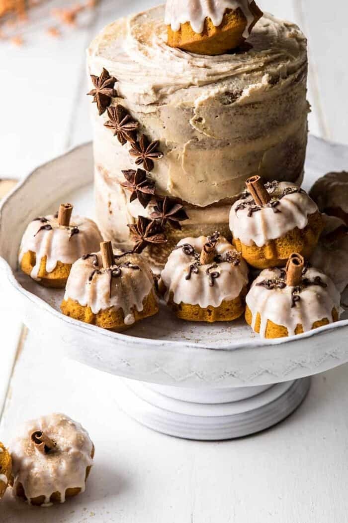 Chai Pumpkin Cake with Maple Browned Butter Frosting | halfbakedharvest.com #pumpkin #chai #fall #autumn #thanksgiving close up photo of Chai Pumpkin Cake with Maple Browned Butter Frosting