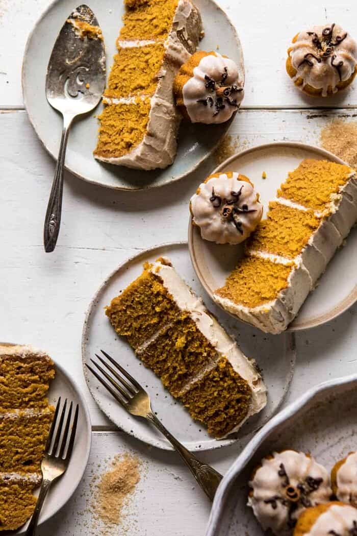 Chai Pumpkin Cake with Maple Browned Butter Frosting | halfbakedharvest.com #pumpkin #chai #fall #autumn #thanksgiving overhead photo of Chai Pumpkin Cake slices
