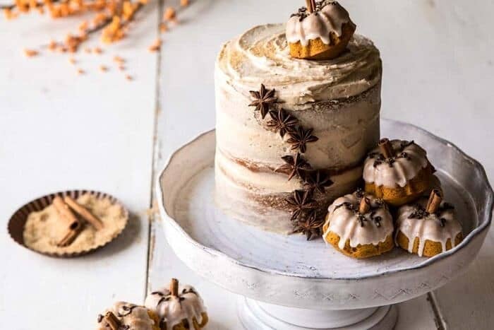 Chai Pumpkin Cake with Maple Browned Butter Frosting | halfbakedharvest.com #pumpkin #chai #fall #autumn #thanksgiving horizontal photo of Chai Pumpkin Cake with Maple Browned Butter Frosting