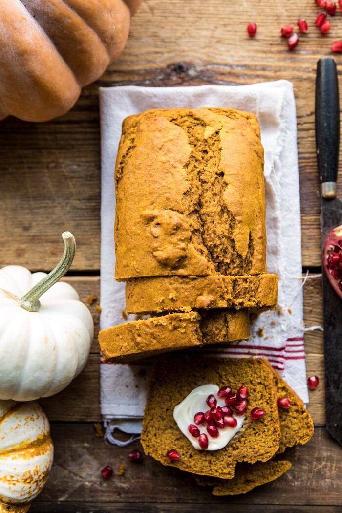Healthy Pumpkin Ginger Bread | halfbakedharvest.com #healthy #pumpkin #bread #fall #thanksgiving #easyrecipes overhead photo of Healthy Pumpkin Ginger Bread