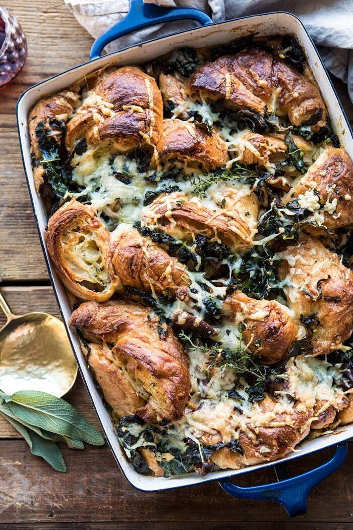 Herby Mushroom Croissant Stuffing | halfbakedharvest.com #stuffing #thanksgiving #easyrecipes #croissants overhead photo of Herby Mushroom Croissant Stuffing