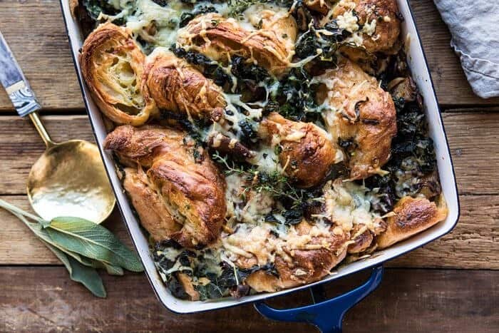 Herby Mushroom Croissant Stuffing | halfbakedharvest.com #stuffing #thanksgiving #easyrecipes #croissants horizontal photo of Herby Mushroom Croissant Stuffing