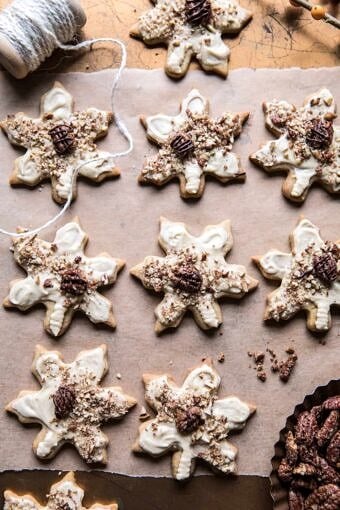 Pecan Pie Cookies with Butter Pecan Frosting | halfbakedharvest.com #cookies #thanksgiving #sugarcookies #pecans #holiday #chocolate