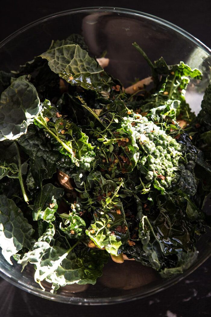 Roasted Mushroom Kale Pizza | halfbakedharvest.com #pizza #mushrooms #winter #fall #autumn #kale #Italian raw kale and mushrooms in bowl