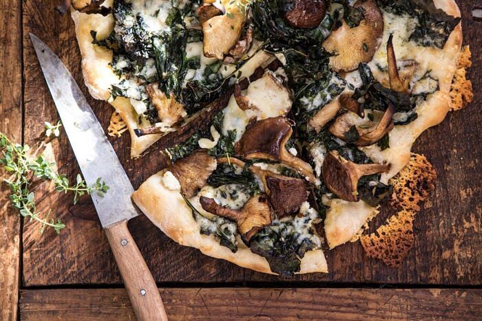 Roasted Mushroom Kale Pizza | halfbakedharvest.com #pizza #mushrooms #winter #fall #autumn #kale #Italian horizontal photo of Roasted Mushroom Kale Pizza