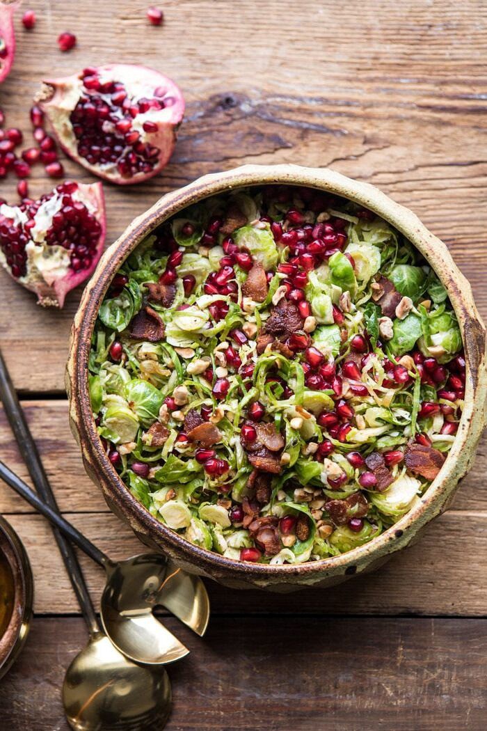 Shredded Brussels Sprout Bacon Salad with Warm Cider Vinaigrette | halfbakedharvest.com #brusselssprouts #salad #thanksgiving #fall #winter #healthy overhead photo of Shredded Brussels Sprout Bacon Salad with Warm Cider Vinaigrette