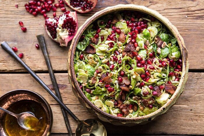 Shredded Brussels Sprout Bacon Salad with Warm Cider Vinaigrette | halfbakedharvest.com #brusselssprouts #salad #thanksgiving #fall #winter #healthy horizontal overhead photo of Shredded Brussels Sprout Bacon Salad with Warm Cider Vinaigrette