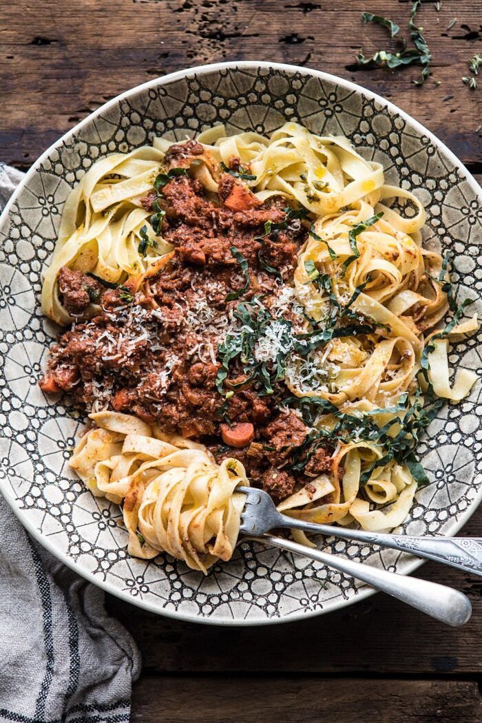 Slow Cooker Vodka Bolognese Pasta | halfbakedharvest.com #pasta #italian #bolognese #slowcooker overhead close up photo of Slow Cooker Vodka Bolognese Pasta