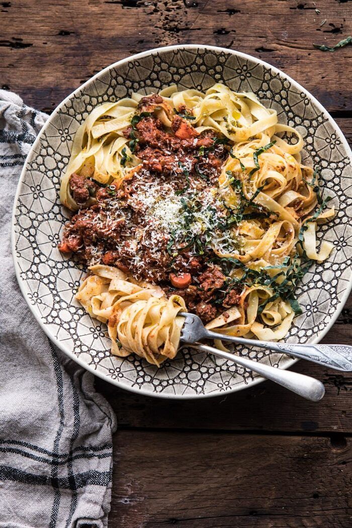Slow Cooker Vodka Bolognese Pasta | halfbakedharvest.com #pasta #italian #bolognese #slowcooker overhead photo of Slow Cooker Vodka Bolognese Pasta