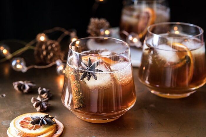 Vanilla Chai Old Fashioned | halfbakedharvest.com #bourbon #cocktail #drink #thanksgiving #holiday #chai horizontal photo of Vanilla Chai Old Fashioned