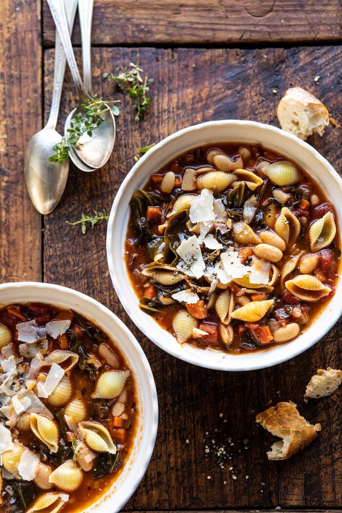 Instant Pot Pasta e Fagioli | halfbakedharvest.com #instantpot #soup #healthyrecipes overhead photo of Instant Pot Pasta e Fagioli