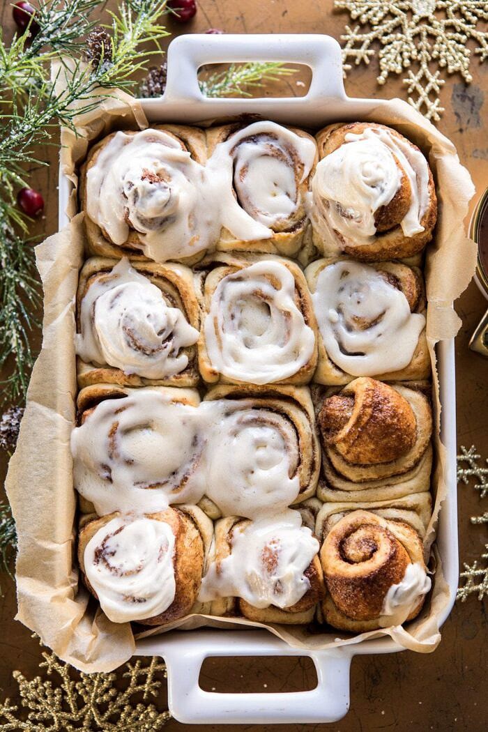 overhead photo of Easiest Overnight Eggnog Brioche Cinnamon Rolls