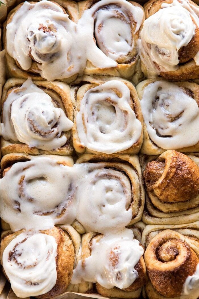 overhead close up photo of Easiest Overnight Eggnog Brioche Cinnamon Rolls 