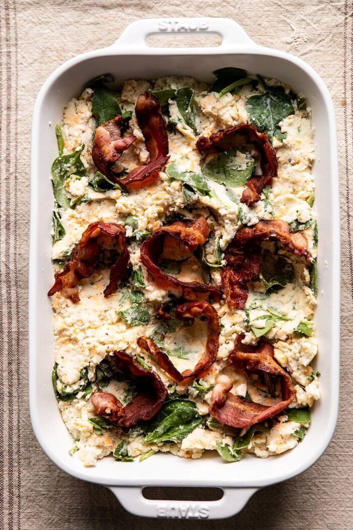 Everything Cheesy Potato and Egg Breakfast Casserole before baking and adding eggs