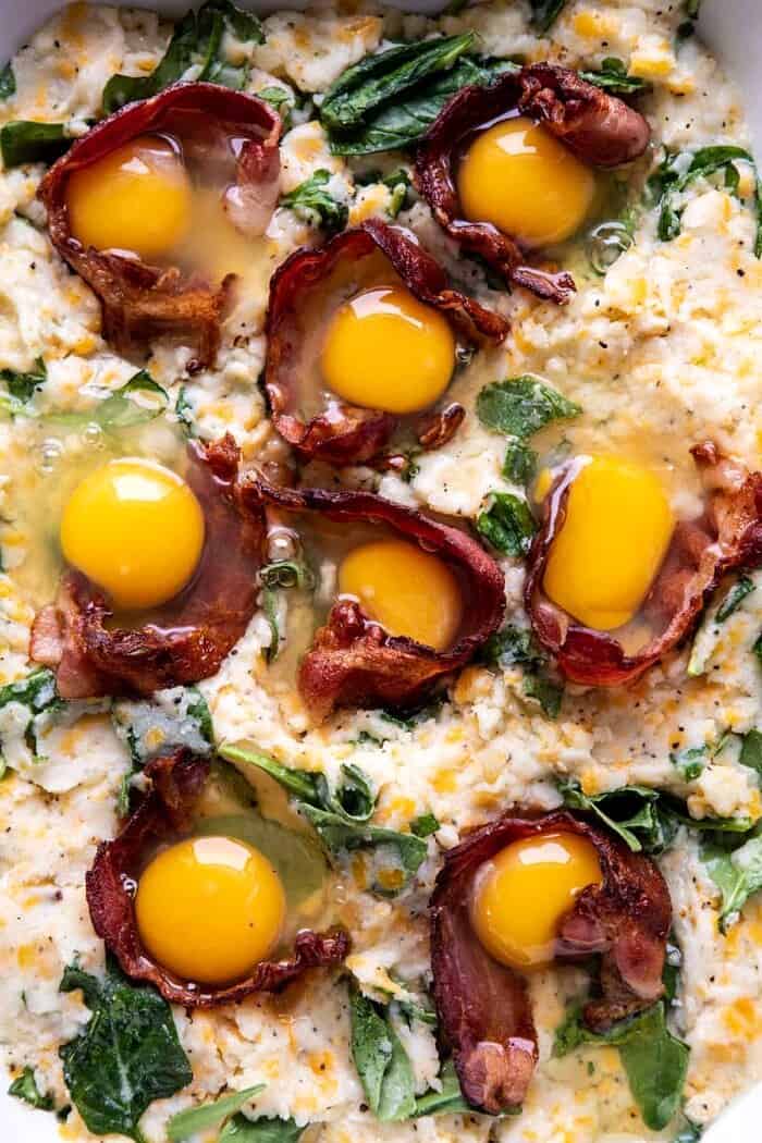 Everything Cheesy Potato and Egg Breakfast Casserole | halfbakedharvest.com #breakfast #brunch #eggs #bacon #easyrecipes Everything Cheesy Potato and Egg Breakfast Casserole with eggs before baking