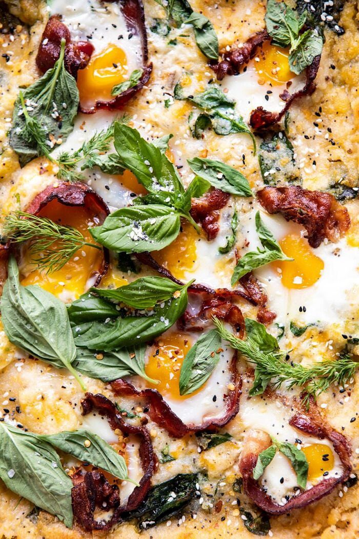 Everything Cheesy Potato and Egg Breakfast Casserole | halfbakedharvest.com #breakfast #brunch #eggs #bacon #easyrecipes close up photo of Everything Cheesy Potato and Egg Breakfast Casserole